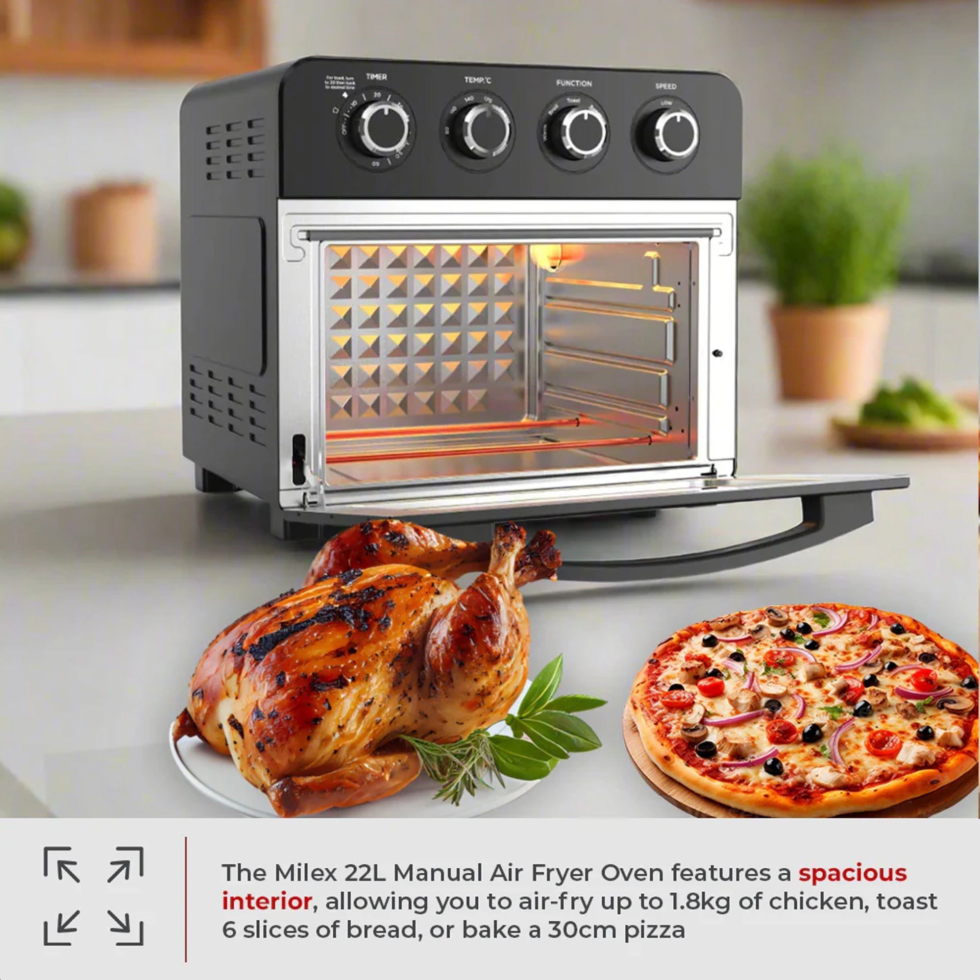 Milex 22L Manual Air Fryer Oven Black
