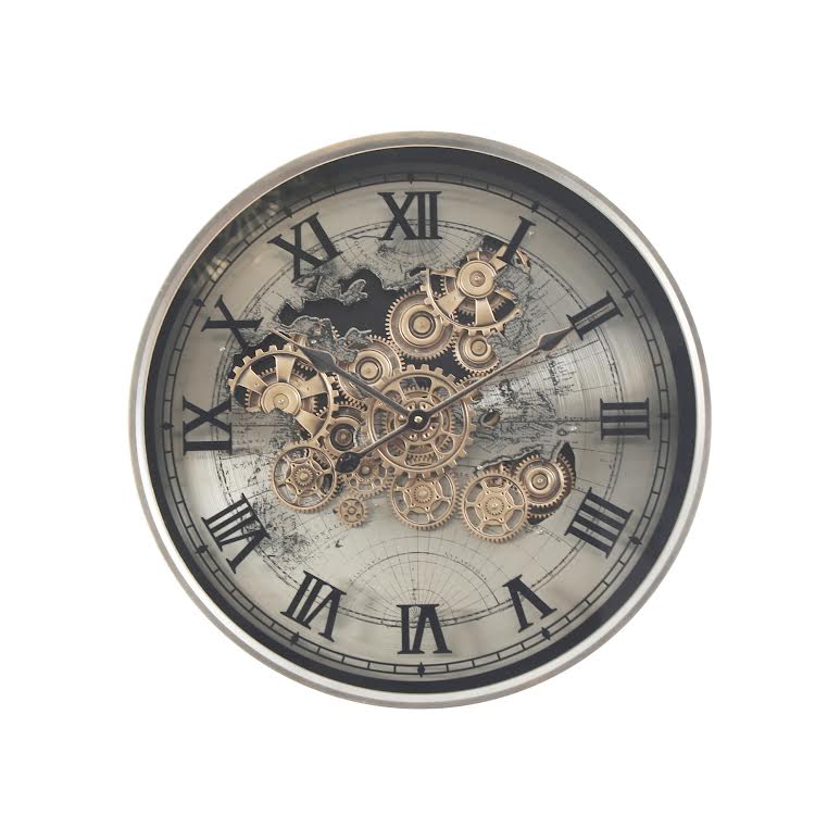 Marco World Map Industrial Silver Metal 60cm Moving Gears Wall Clock Gold