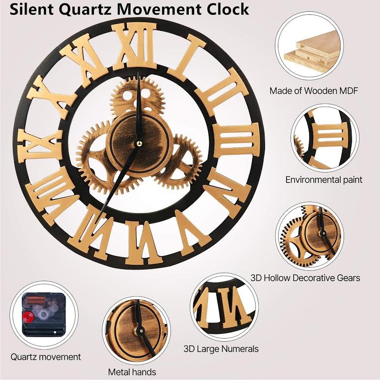 Vintage Industrial 40cm Silent Quartz Wall Clock Gold